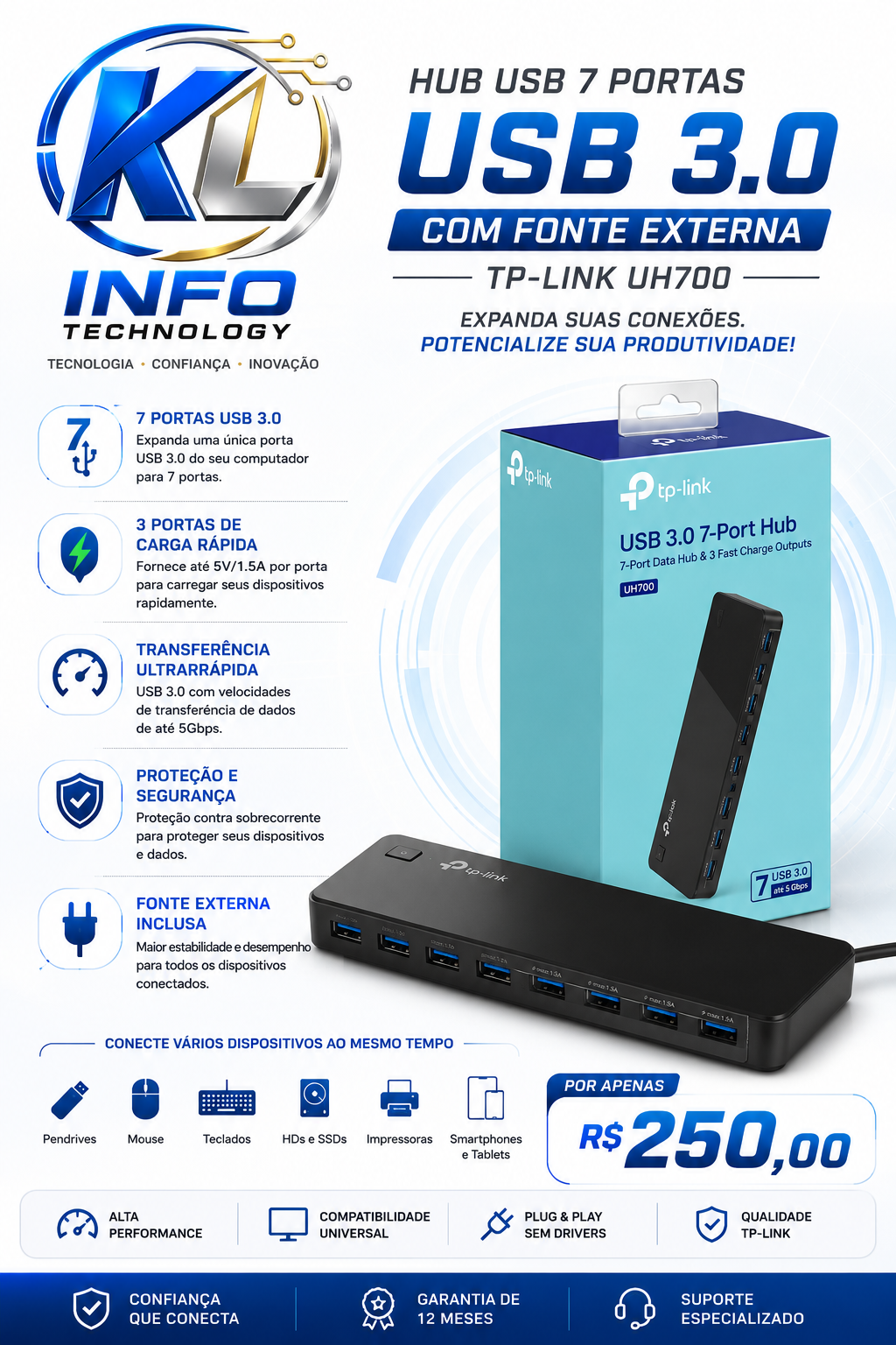 Hub Usb 7 Portas Usb 3.0 Com Fonte Externa Tp-link Uh700