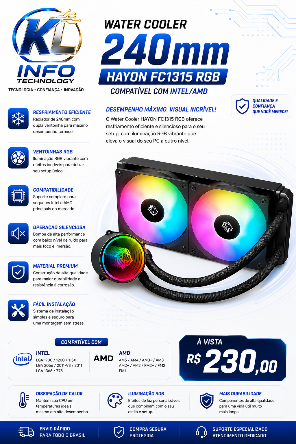 Water Cooler 240mm Hayom Fc1315 Rgb Compatível Intel Amd